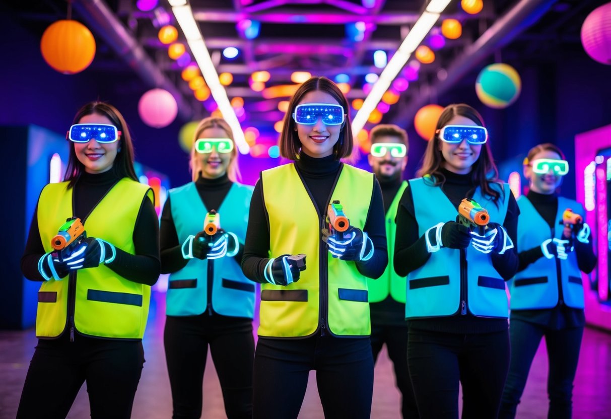 A group of people wearing neon vests and holding laser tag guns, surrounded by colorful lights and futuristic decorations