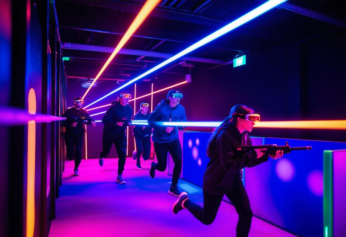 Players running through a neon-lit maze, dodging colorful laser beams, and hiding behind barriers at a laser tag arena