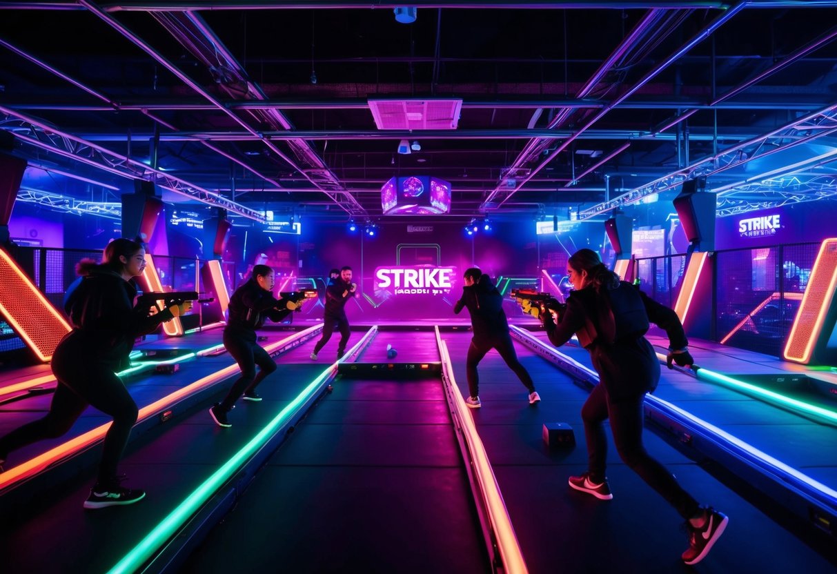 Laser tag arena with neon lights, futuristic obstacles, and players engaging in intense battles during the Half-Price Games promotion at Strike Laser Skirmish