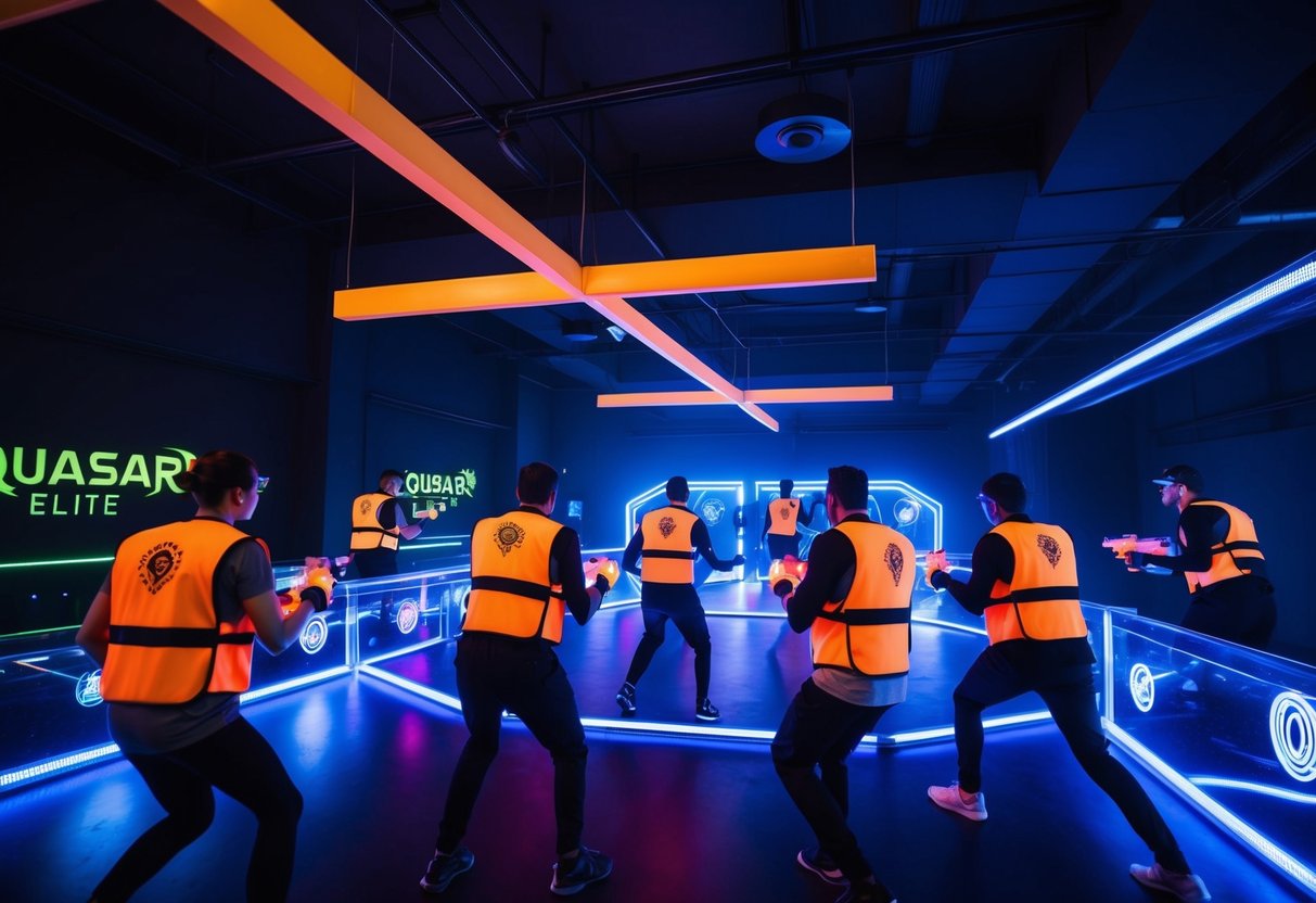 Players in neon vests navigate glowing obstacles in a dark, futuristic arena at Quasar Elite laser tag