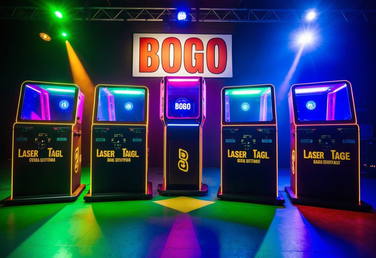 A group of laser tag equipment displayed with a prominent "BOGO" sign. Bright lights and vibrant colors create an energetic atmosphere