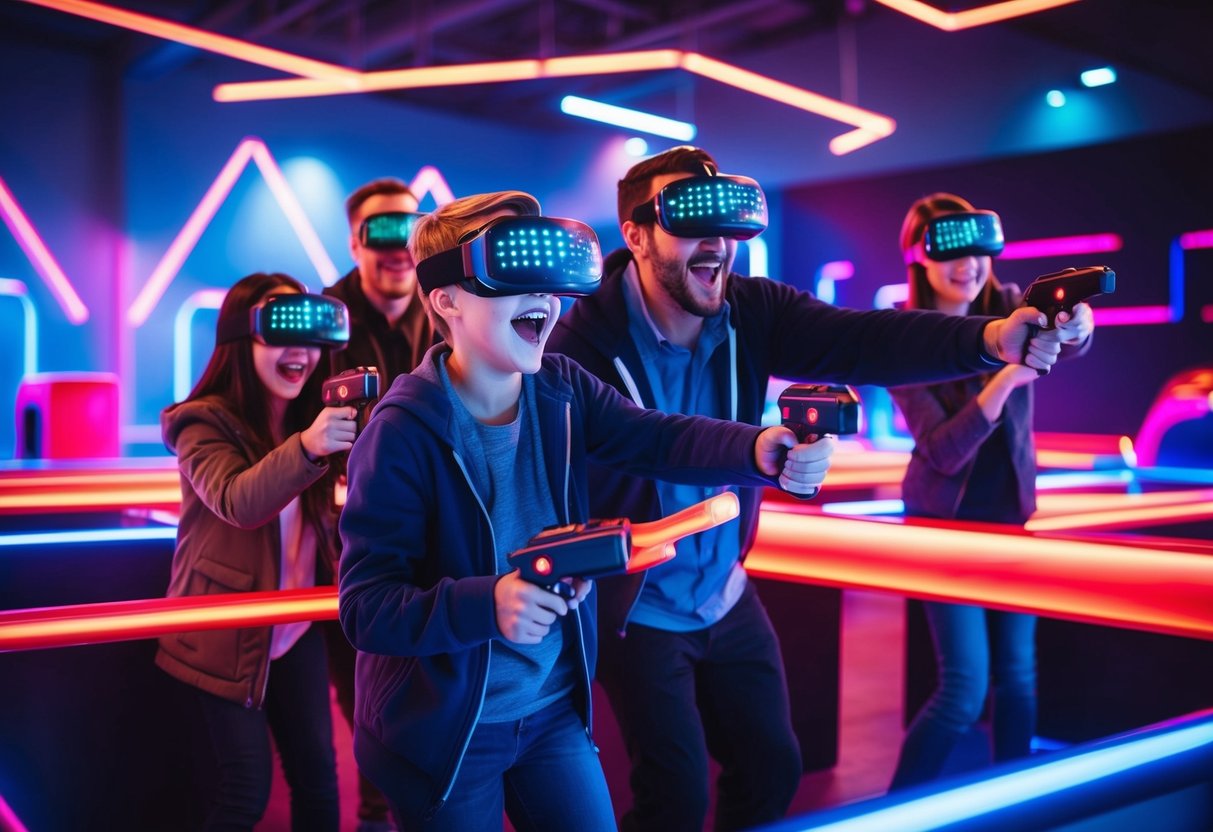 Excited families playing laser tag in a futuristic arena with neon lights and glowing obstacles