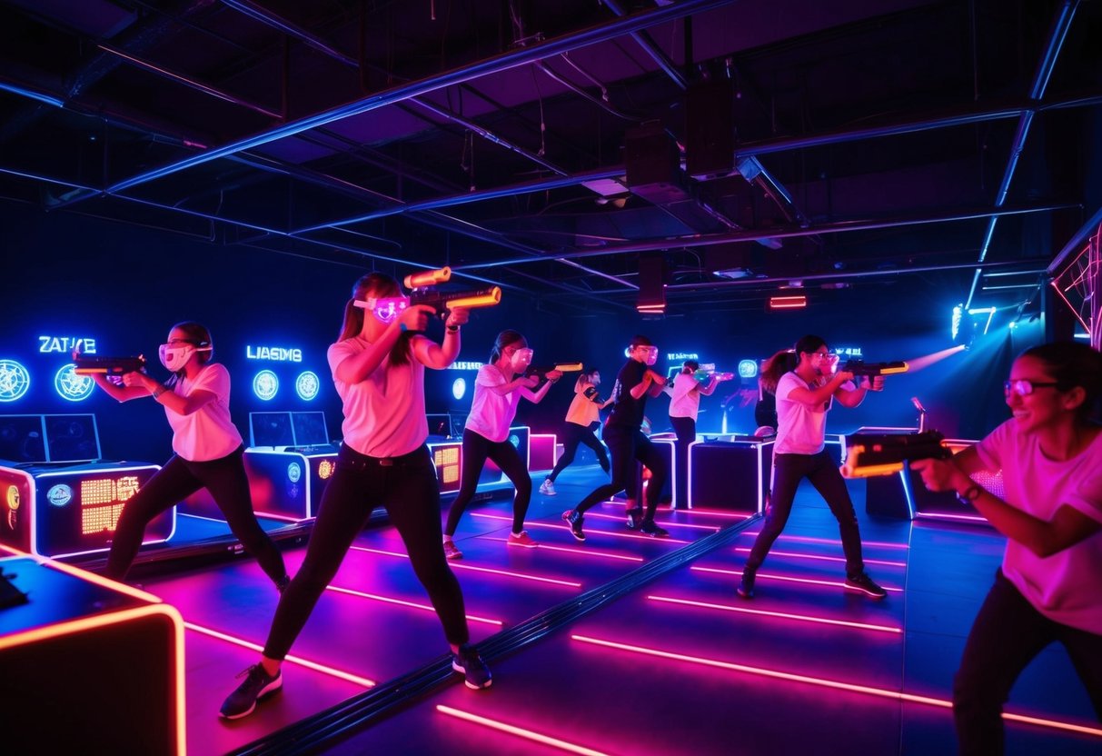 A neon-lit laser tag arena filled with players dodging and aiming, surrounded by flashing game consoles and cheering spectators