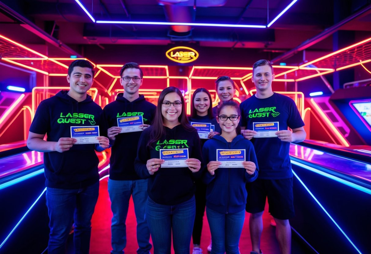 Players at Laser Quest, holding promotional coupons, surrounded by neon lights and futuristic decor