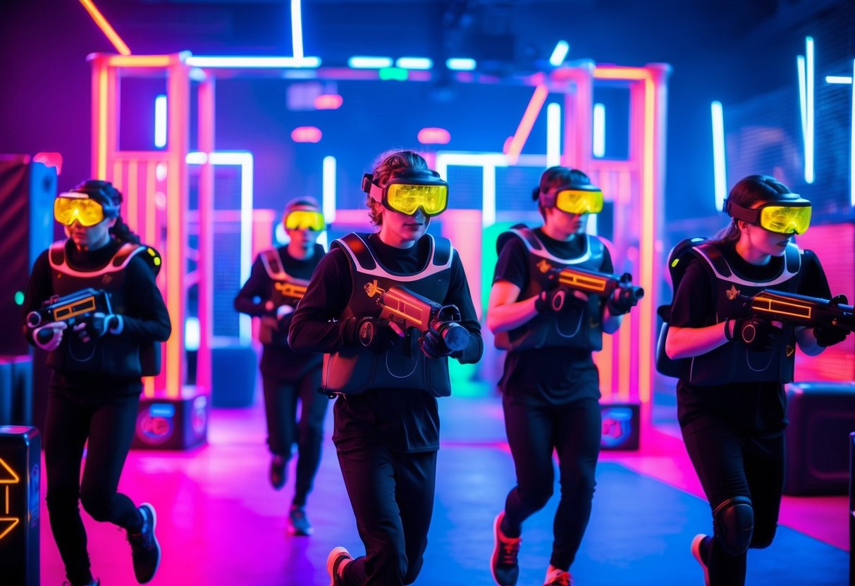 A group of players wearing laser tag gear, running through a neon-lit arena filled with obstacles and flashing lights