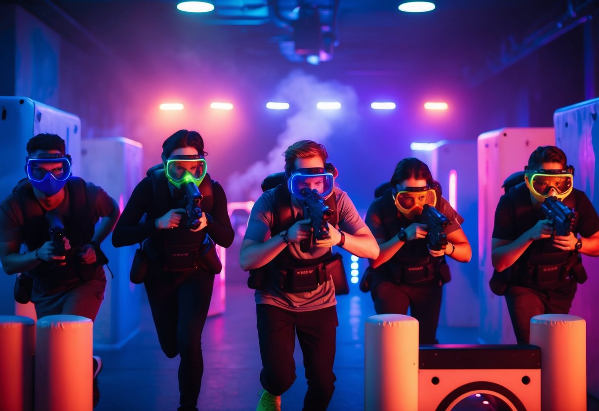 A group of friends in laser tag gear, running and ducking behind obstacles in a dimly lit, futuristic arena with colorful lights and fog