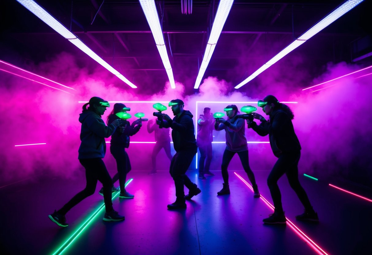 A group of people playing laser tag in a dimly lit arena, with neon lights and fog creating an exciting and futuristic atmosphere