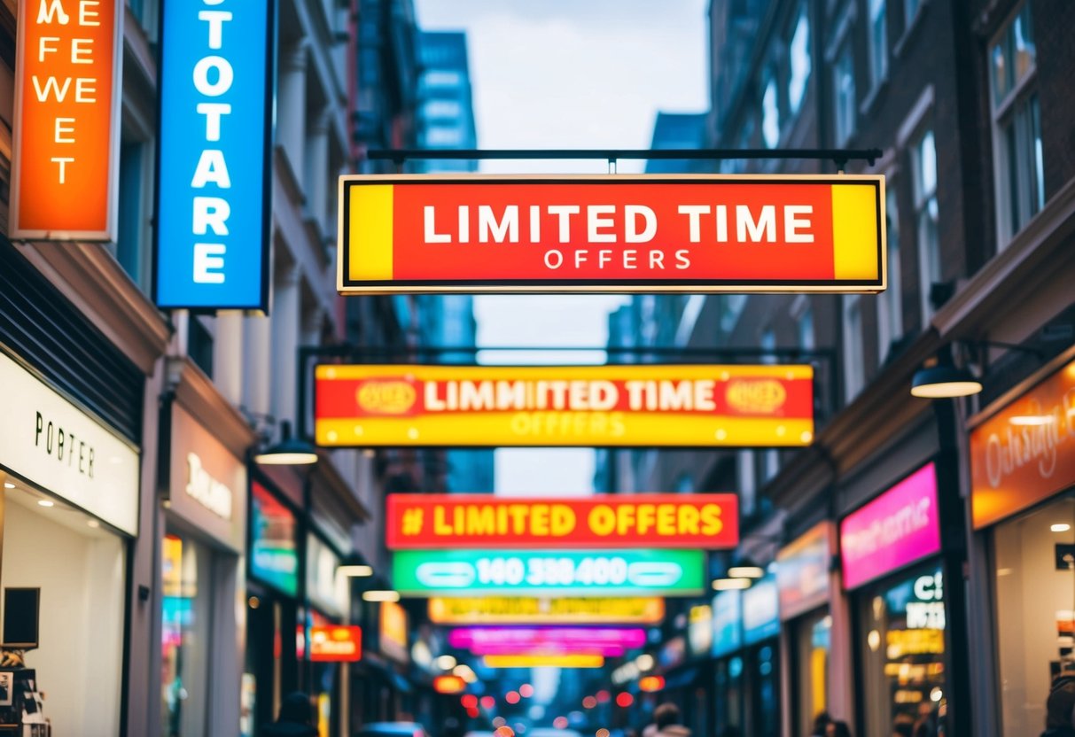 A bustling city street with bright, colorful signs and banners promoting limited time offers at various shops and businesses