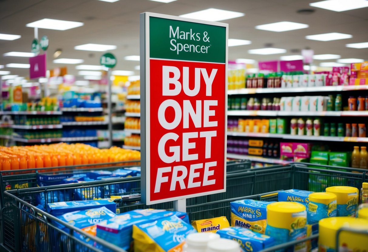 A crowded store with shelves stocked with various products, prominently displaying a "BUY ONE GET ONE FREE" sign at Marks & Spencer