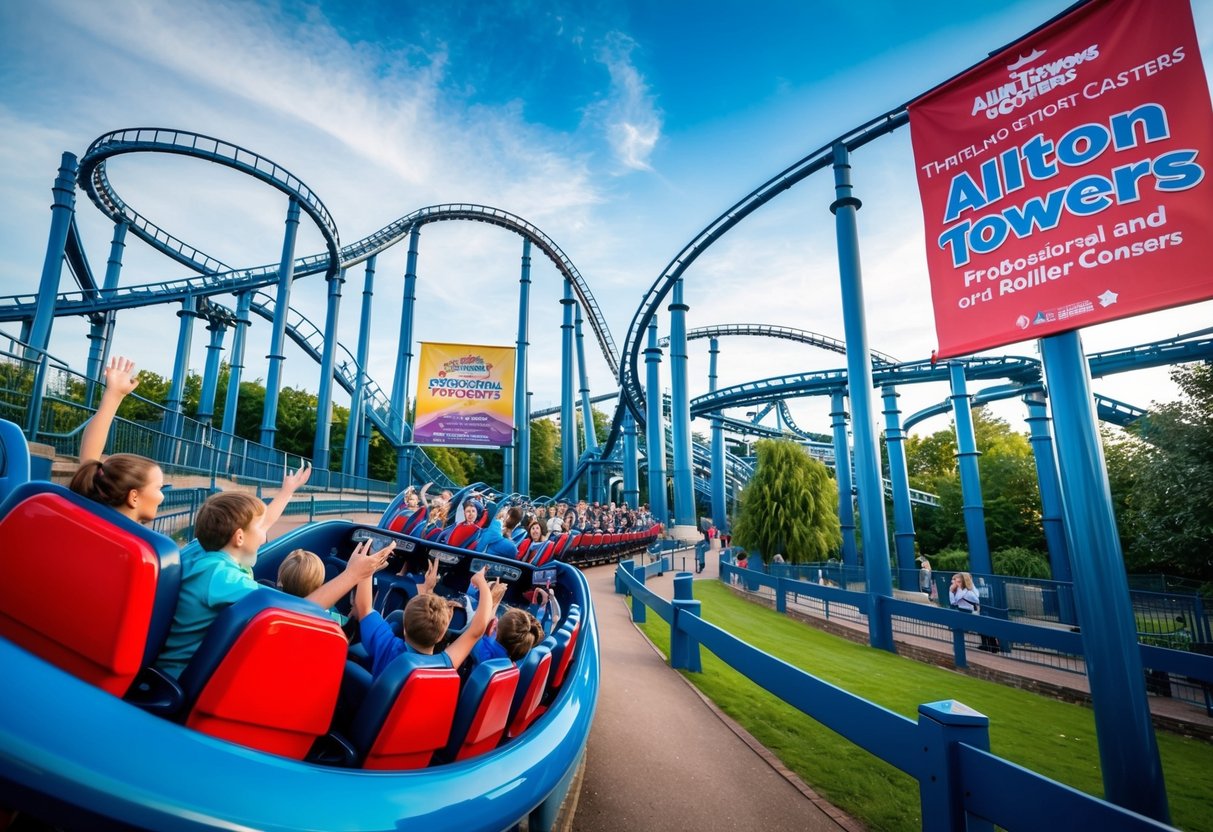 Thrilling roller coasters at Alton Towers, with promotional banners and excited visitors