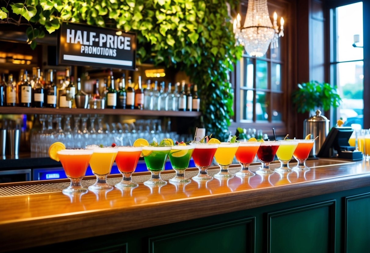 A bustling bar at The Ivy, with colorful cocktails lined up on the counter and a sign advertising half-price promotions
