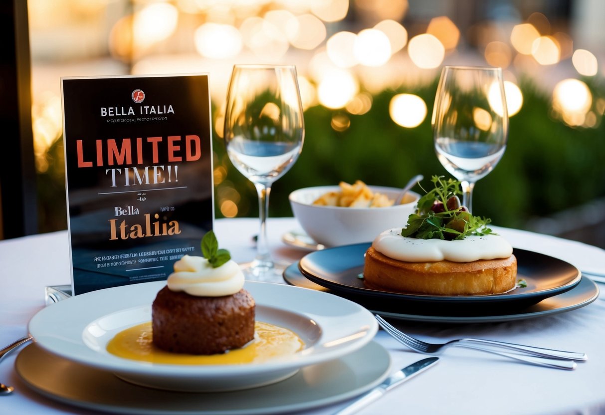 A table set with a delicious main course and a tempting dessert, with a sign promoting the limited-time offer at Bella Italia