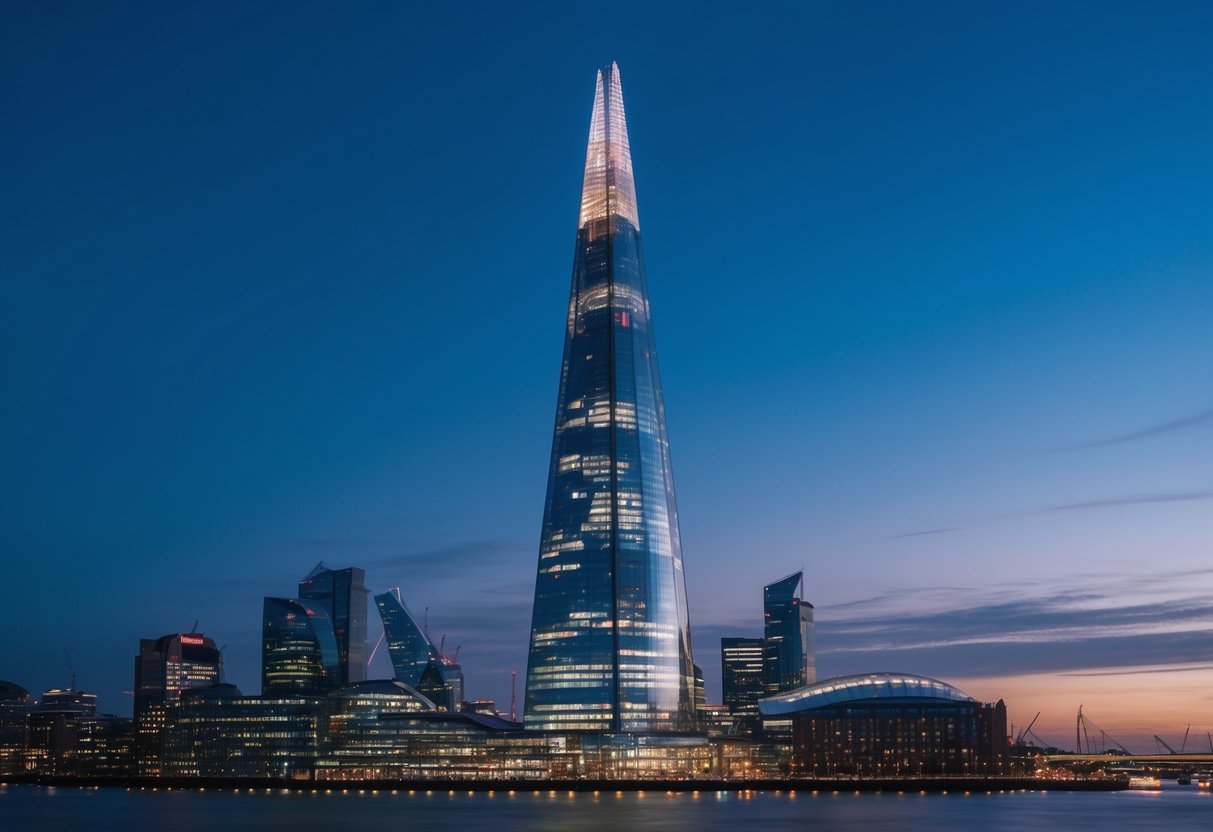 A panoramic view of The Shard at dusk, with the city lights twinkling below and the iconic glass structure towering above