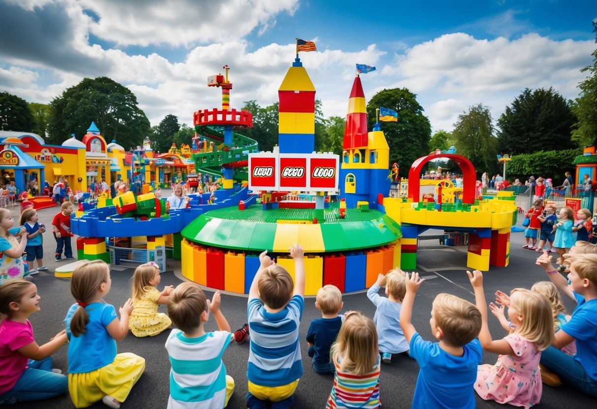 Colorful LEGOLAND Windsor with vibrant rides and attractions, surrounded by excited families and children enjoying limited-time half-term promotions