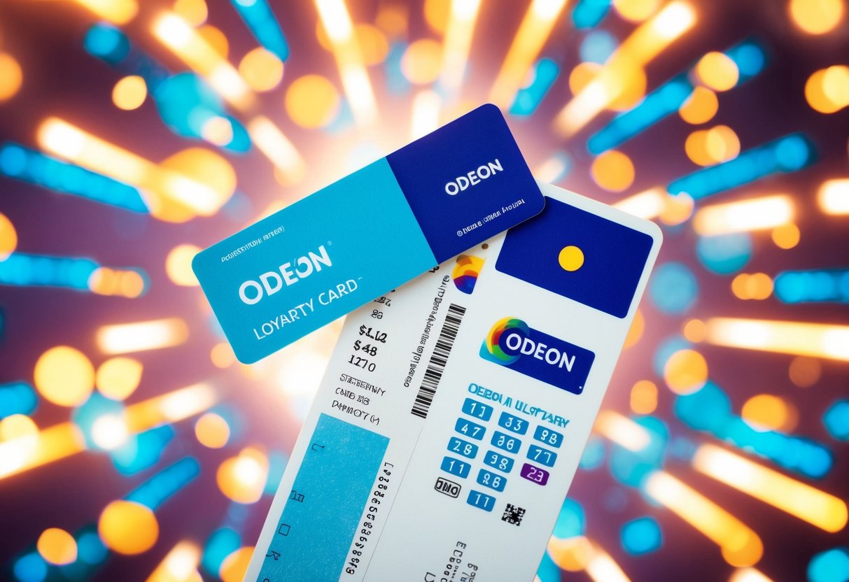 A cinema ticket and Odeon loyalty card surrounded by bright, eye-catching promotional graphics