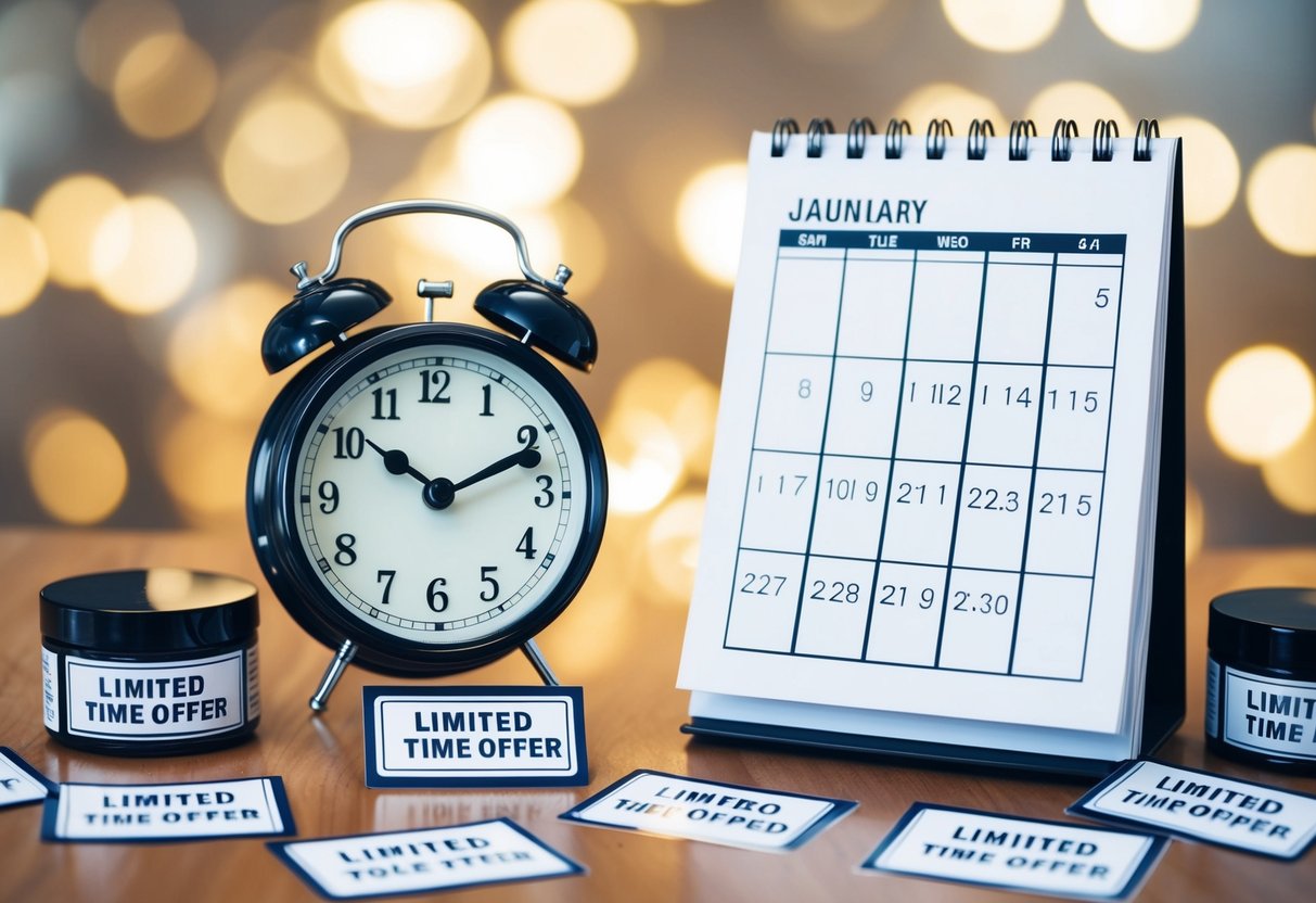 A clock ticking beside a calendar with marked dates, surrounded by products with "limited time offer" labels