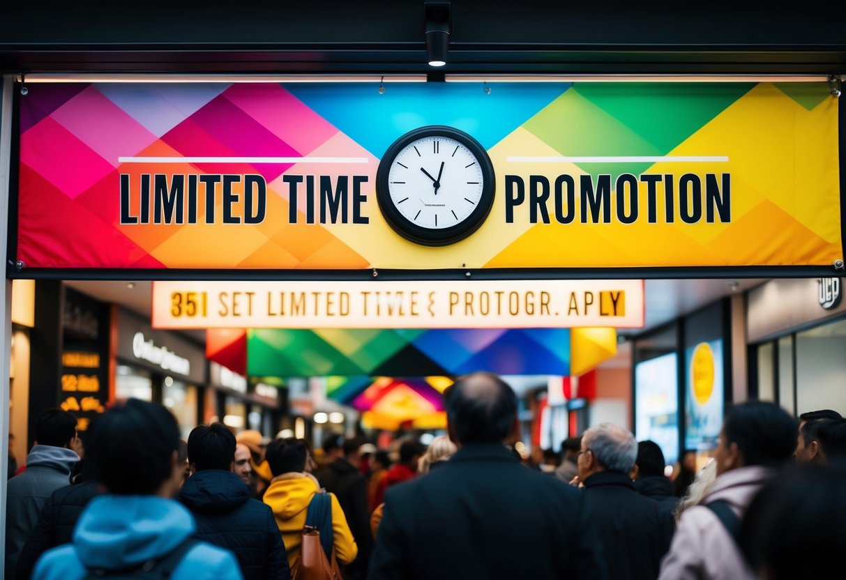 A colorful banner hanging above a crowded store front, with a clock showing the limited time promotion