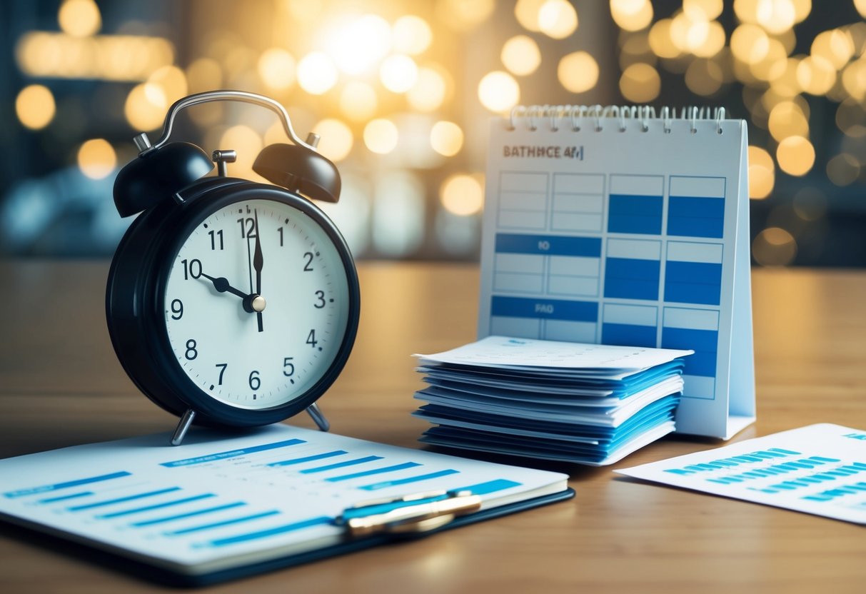 A clock ticking beside a calendar filled with marked dates and a pile of completed orders
