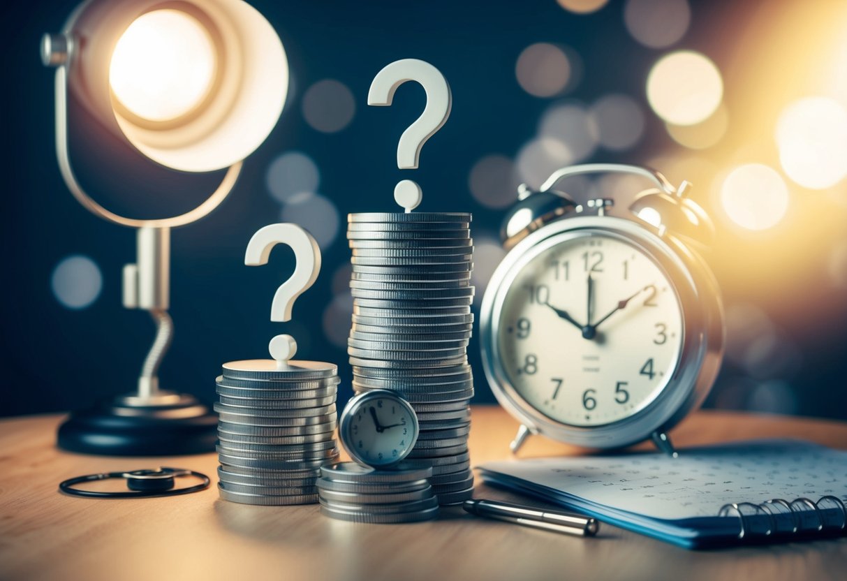 A stack of question marks surrounded by a clock and a calendar, with a spotlight shining on them