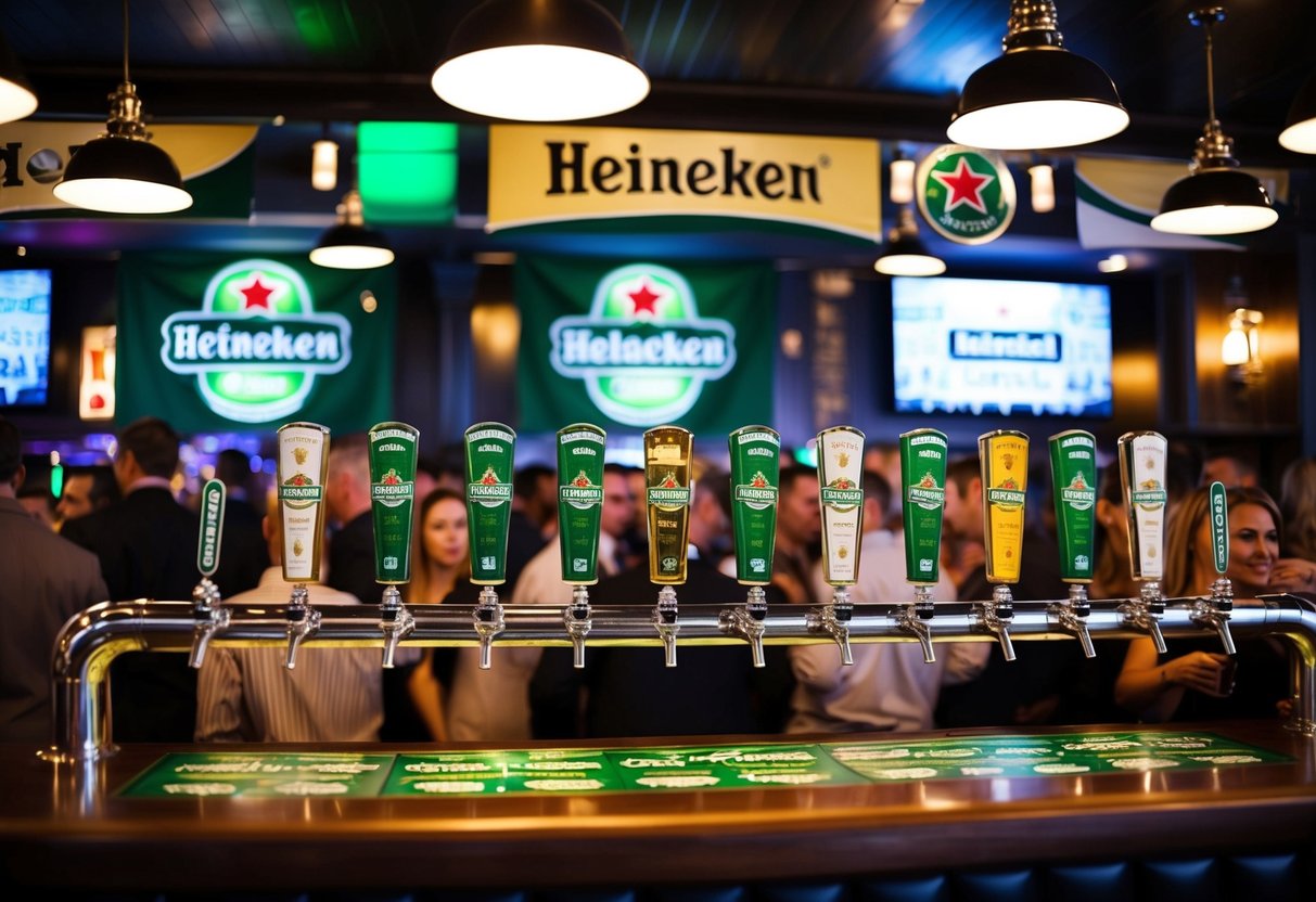A crowded bar with Heineken banners, beer taps, and promotional materials displayed prominently