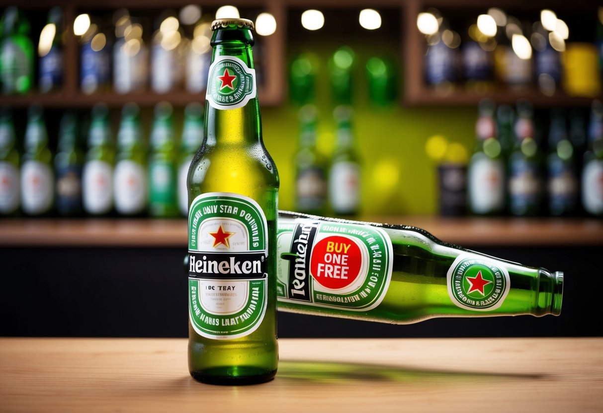 Two Heineken beer bottles, one upright and one tilted, with a "Buy One Get One Free" sticker on the tilted bottle