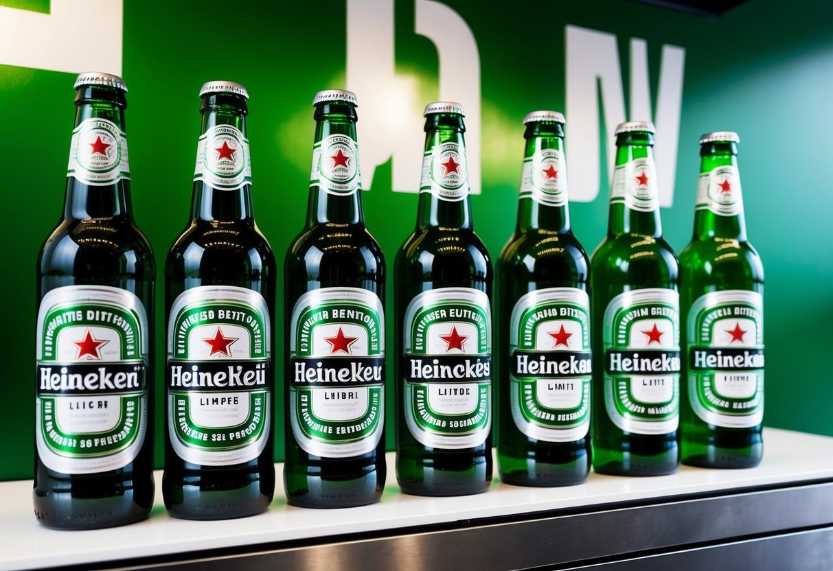 A display of limited edition Heineken bottles arranged on a sleek, modern shelf with bold promotional signage
