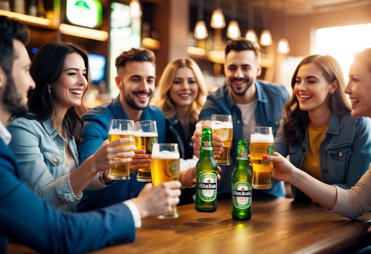 A group of people celebrating with Heineken beer at a bar, using discount vouchers from an online promotion