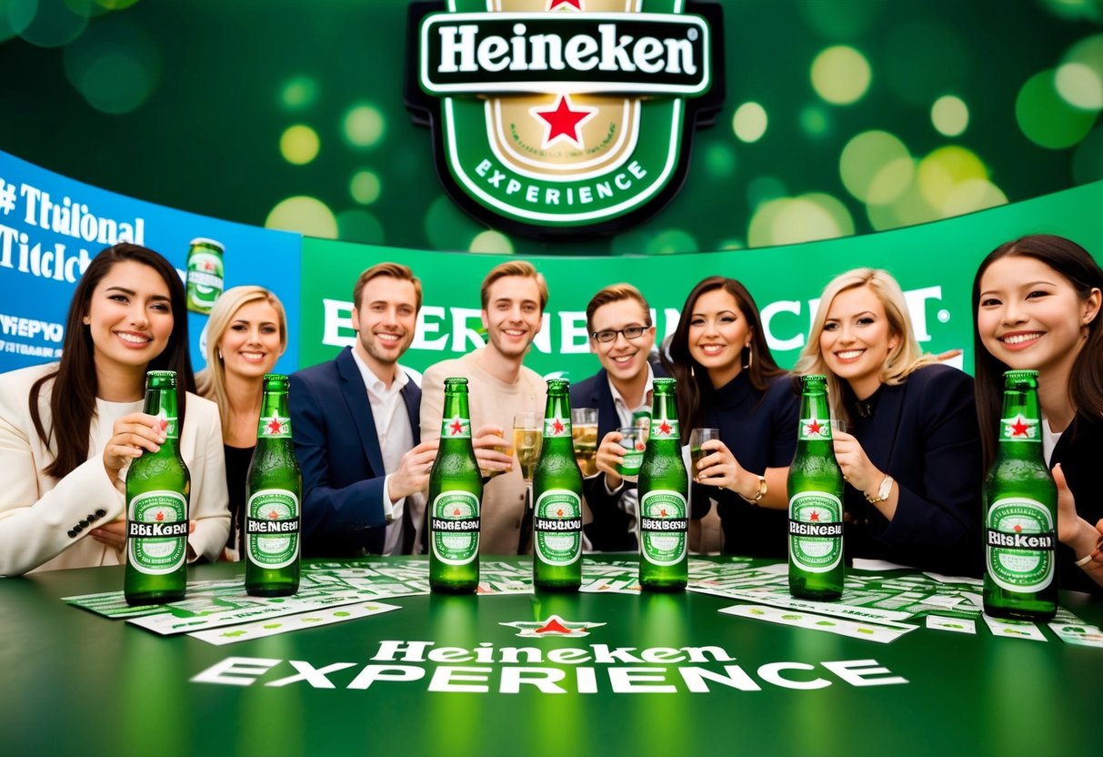 A group of people enjoying Heineken Experience tickets, surrounded by promotional materials and the iconic green bottles of Heineken beer