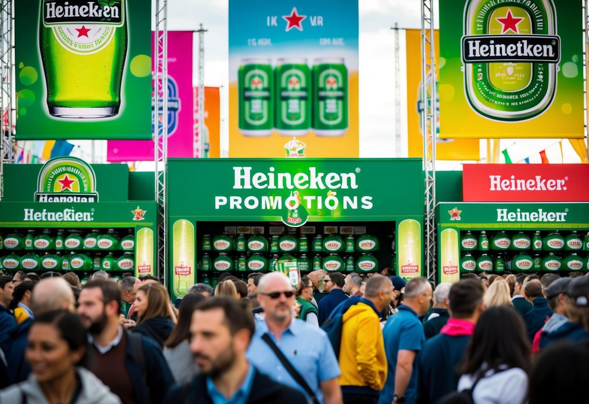 A crowded festival with Heineken promotion packs displayed at various booths and colorful banners promoting the beer brand