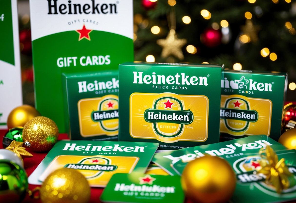 A vibrant display of Heineken gift cards surrounded by promotional signage and festive decorations