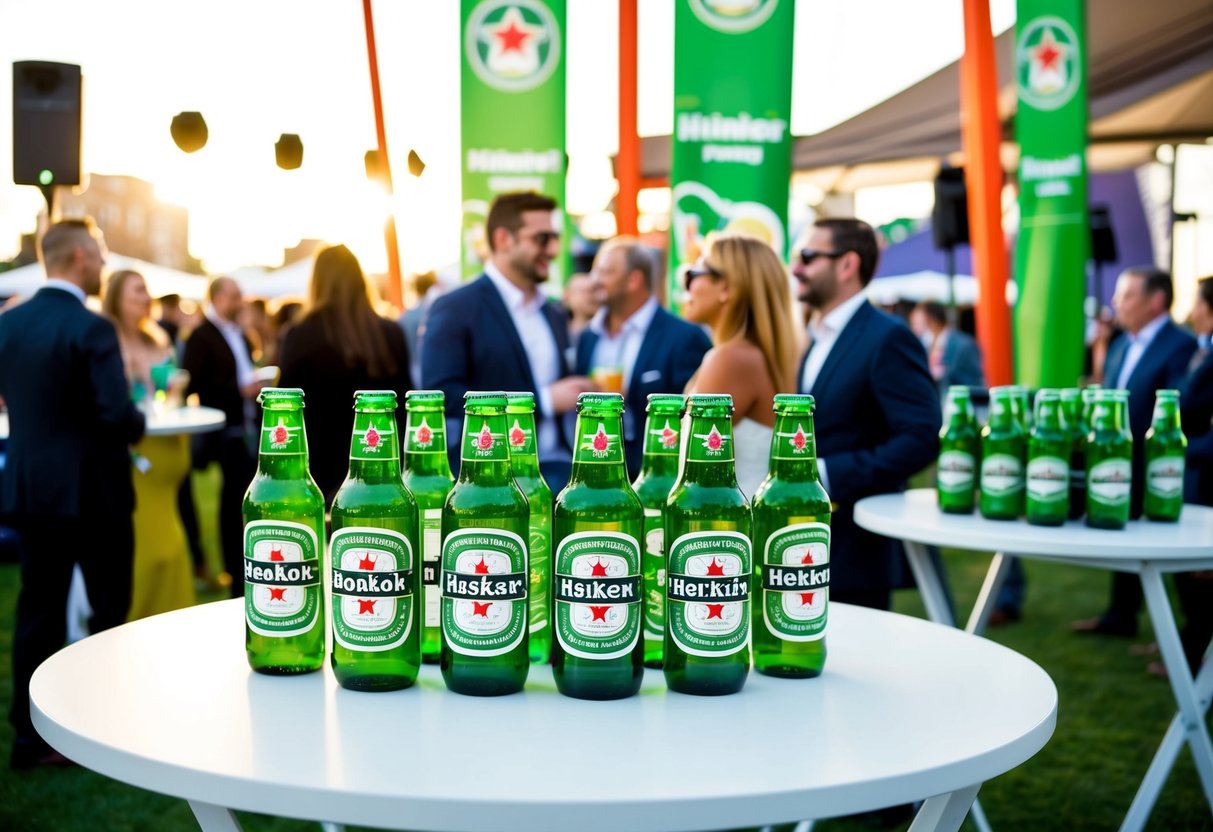 A festive outdoor event with branded banners, tables, and Heineken products displayed. People socialize and enjoy music in the background