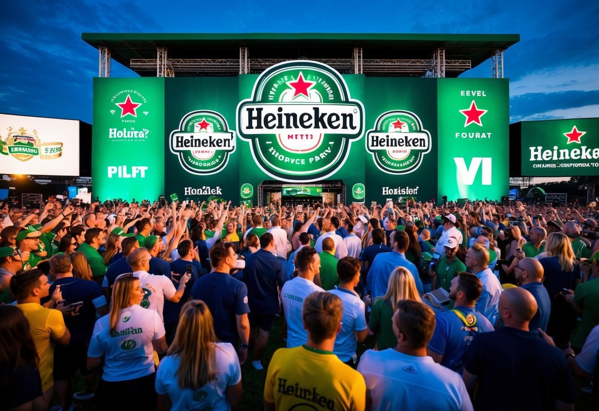 A vibrant outdoor event with Heineken branding prominently displayed, surrounded by enthusiastic crowds and various partner logos