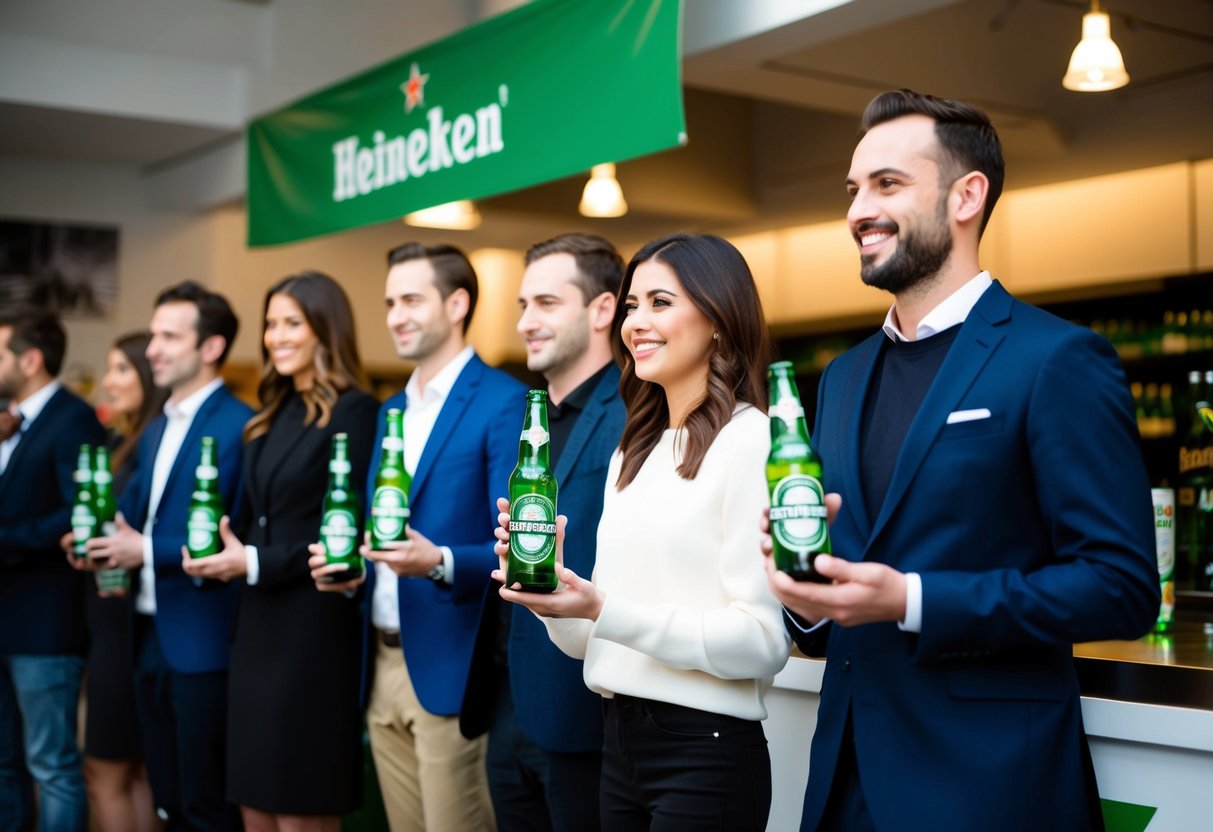 A group of people standing in line, holding Heineken products, while a promotional banner hangs overhead