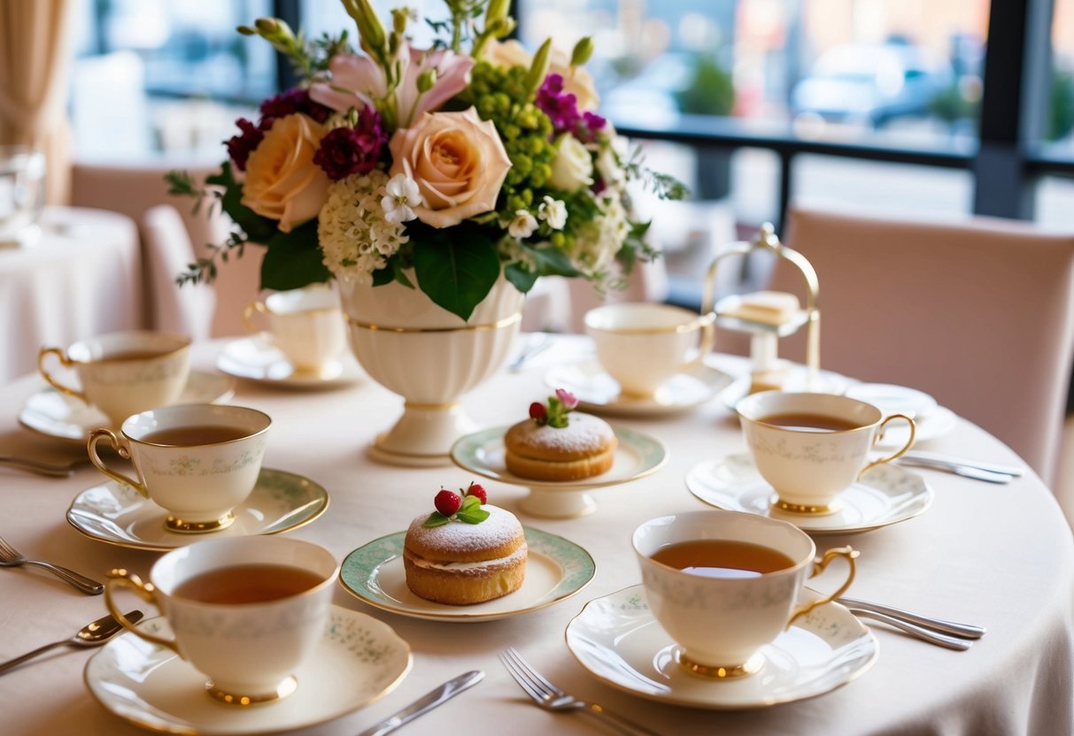A table set with elegant teacups, saucers, and pastries, adorned with floral arrangements and delicate tablecloths for a high tea promotion