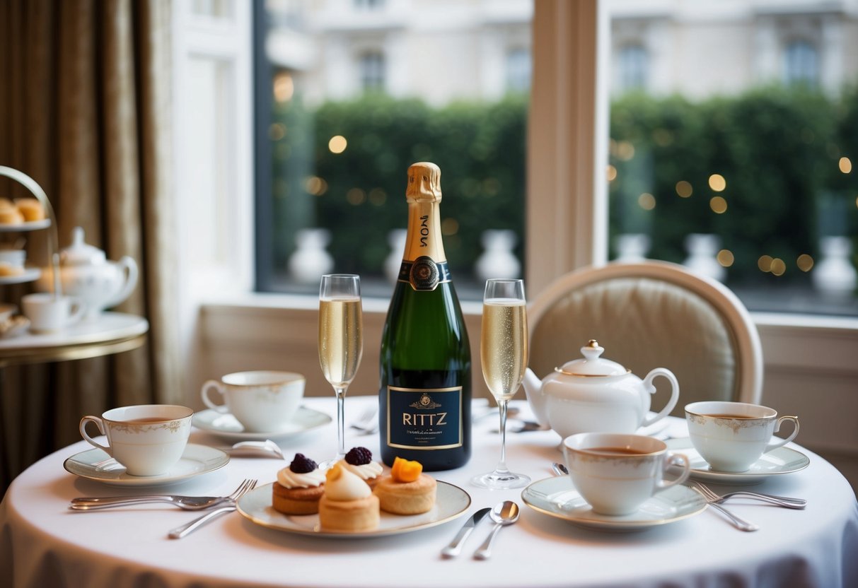 A table set with elegant teaware, delicate pastries, and a bottle of champagne at The Ritz London for high tea promotions