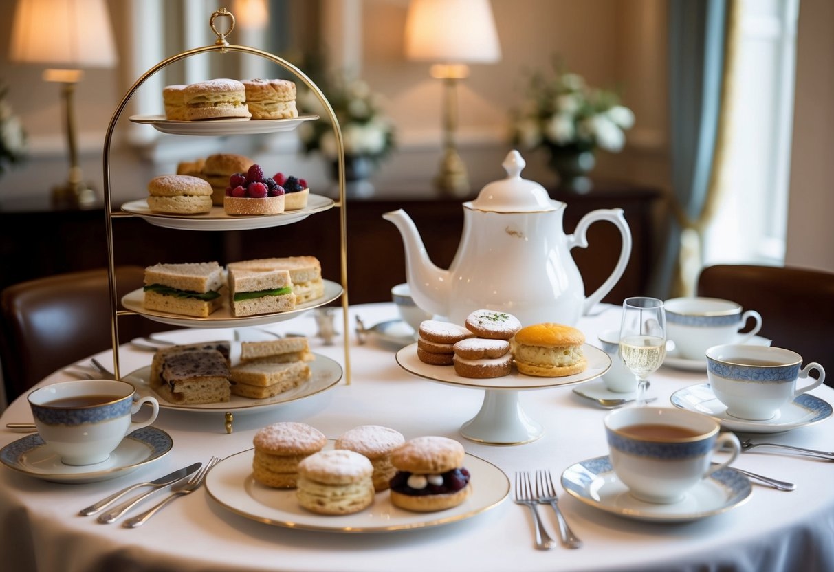 Elegant table set with fine china, tiered trays of pastries, sandwiches, and scones, accompanied by pots of tea, in a luxurious setting at Fortnum & Mason