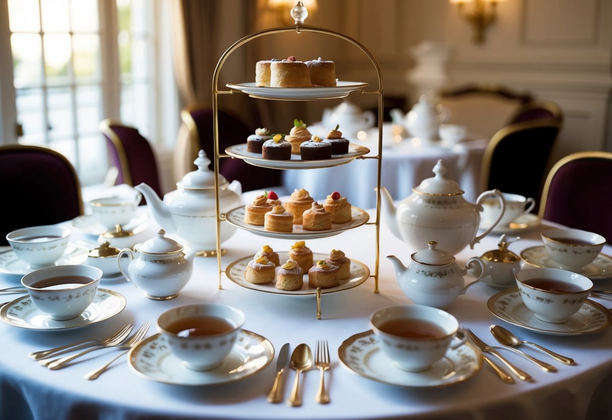A grand table set with fine china, tiered trays of delicate pastries, and steaming pots of tea, all bathed in soft afternoon light at The Savoy