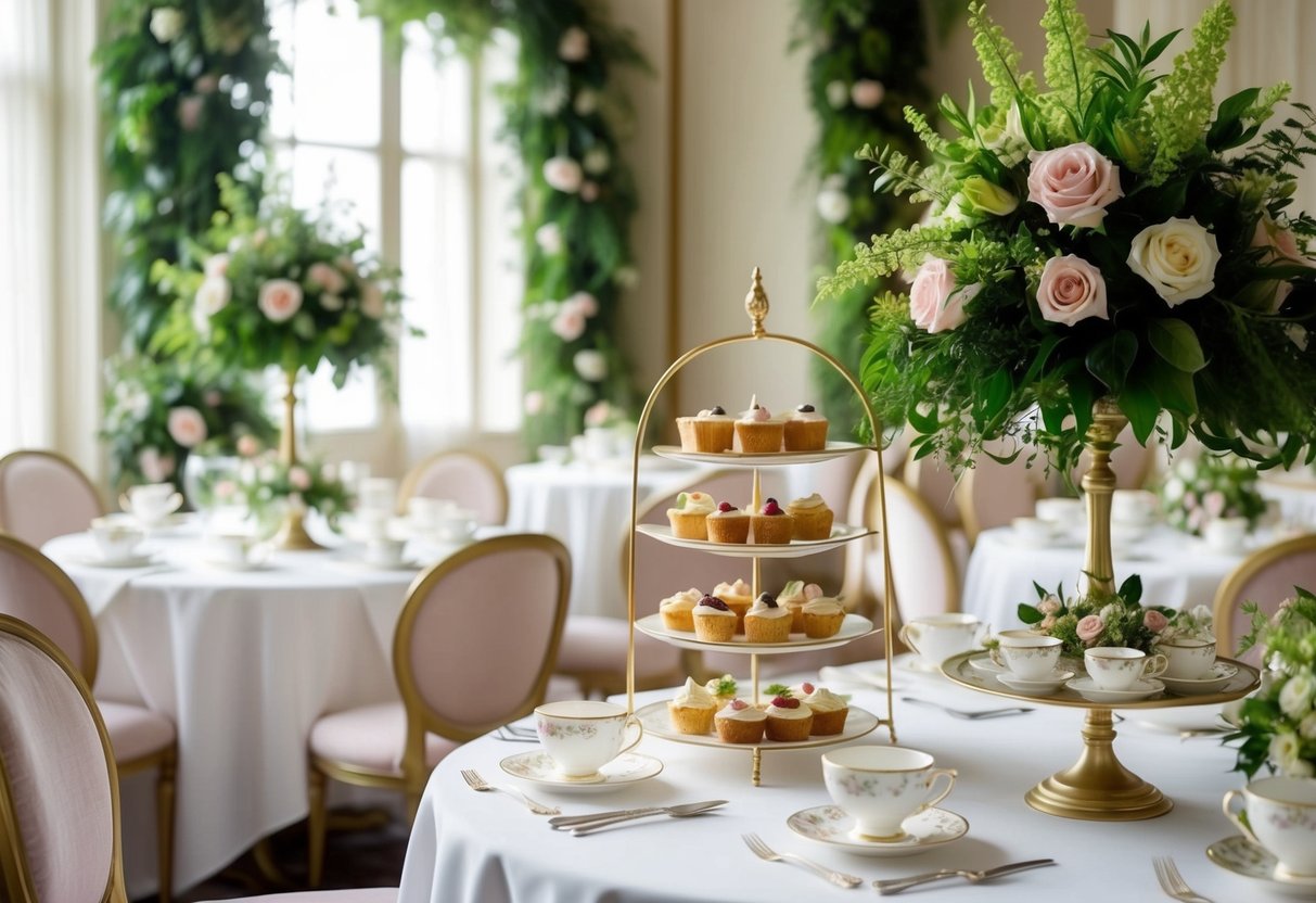 Lush greenery and delicate floral arrangements adorn the elegant tea room, with dainty teacups and tiered trays of delectable treats set on crisp white tablecloths