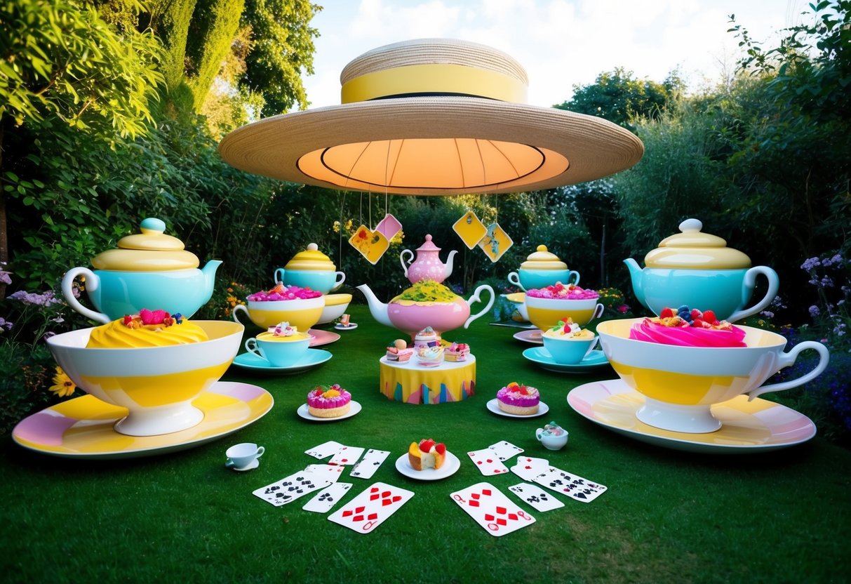 A whimsical tea party set in a surreal garden, with oversized teacups, playing cards, and colorful desserts, all under a giant hat canopy