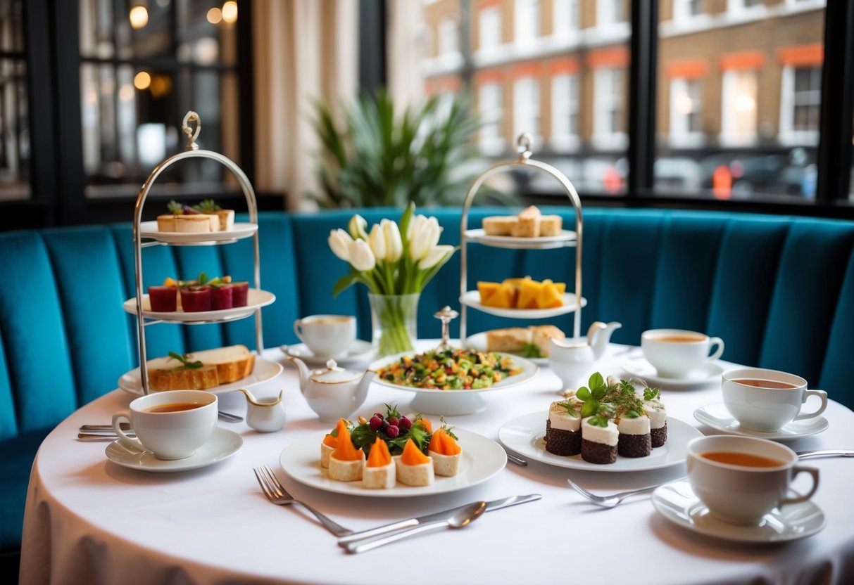 A table set with elegant vegan high tea spread at Sketch London