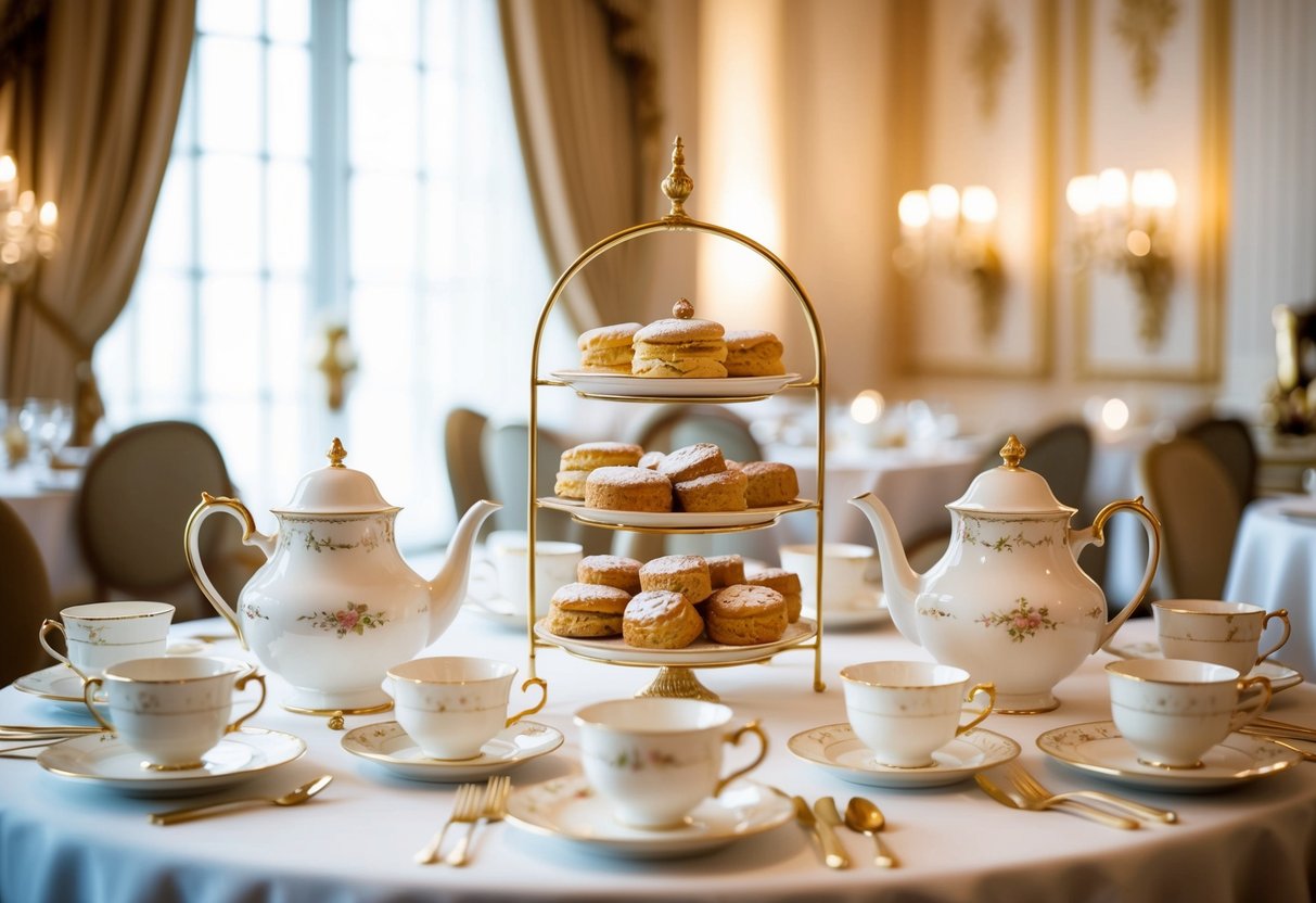 A grand table set with elegant teapots, dainty teacups, and tiered trays of scones and pastries, surrounded by opulent decor and soft lighting