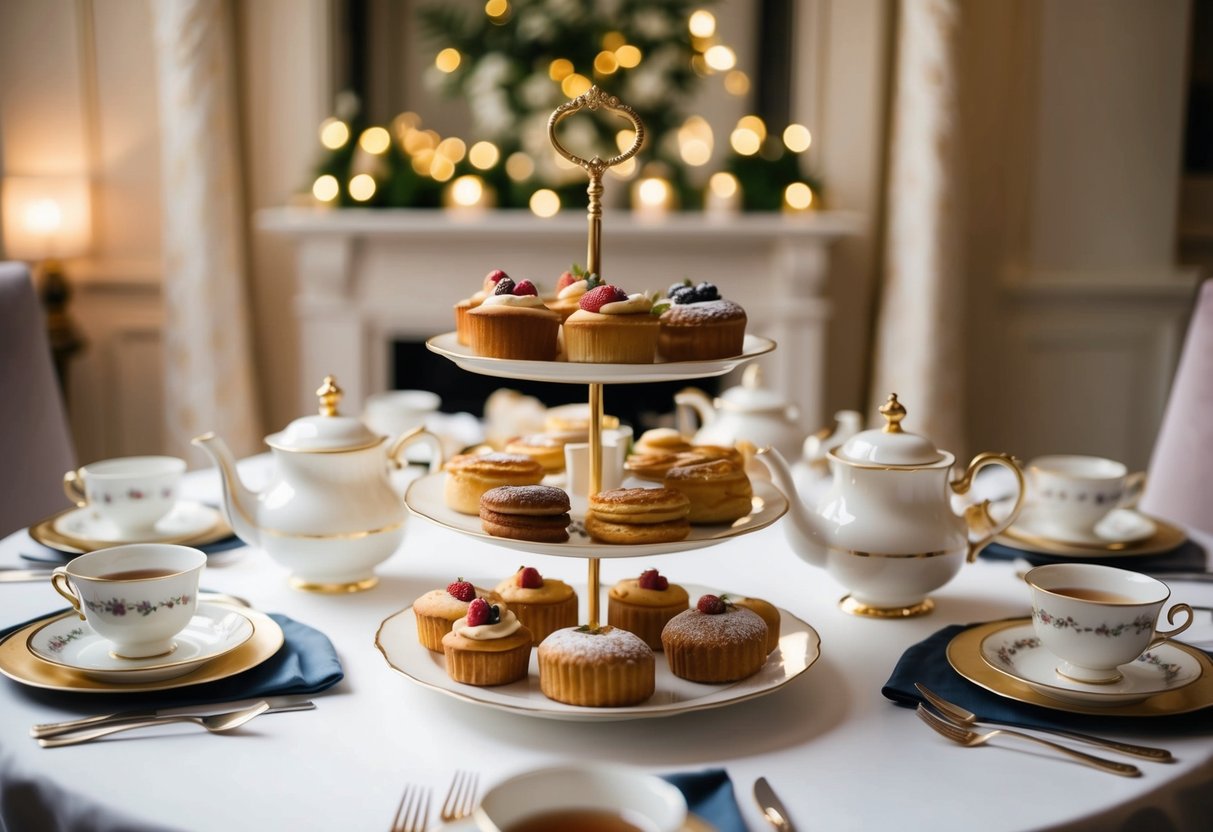 A table set with fine china, tiered trays of pastries, and pots of steaming tea, surrounded by elegant decor and soft lighting