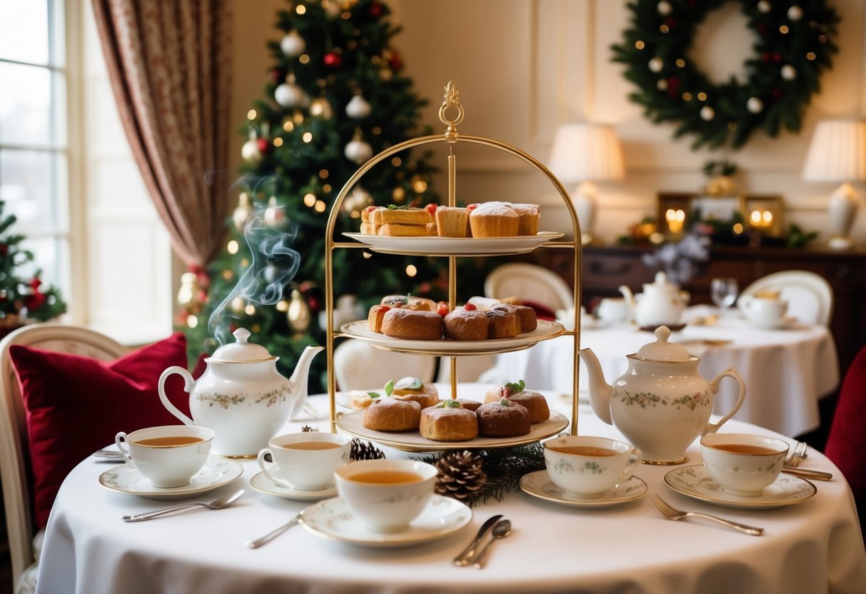 A cozy tea room with elegant table settings, tiered trays of pastries, and pots of steaming tea surrounded by seasonal decorations