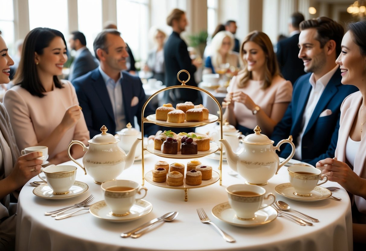 A table set with elegant teapots, tiered trays of pastries, and delicate tea cups, surrounded by people chatting and enjoying the high tea promotions