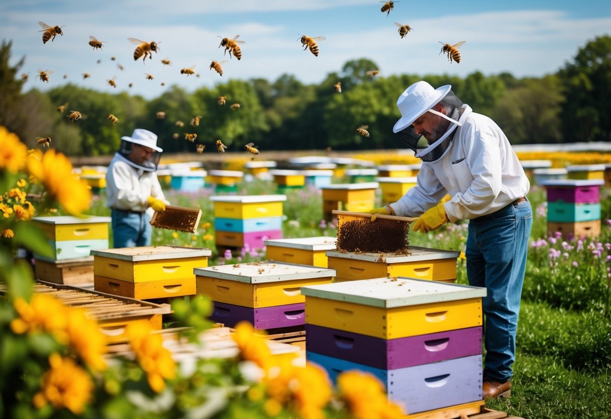 A bustling honey farm with rows of colorful beehives, bees buzzing around blooming flowers, and a friendly farmer tending to the sweet, golden honey