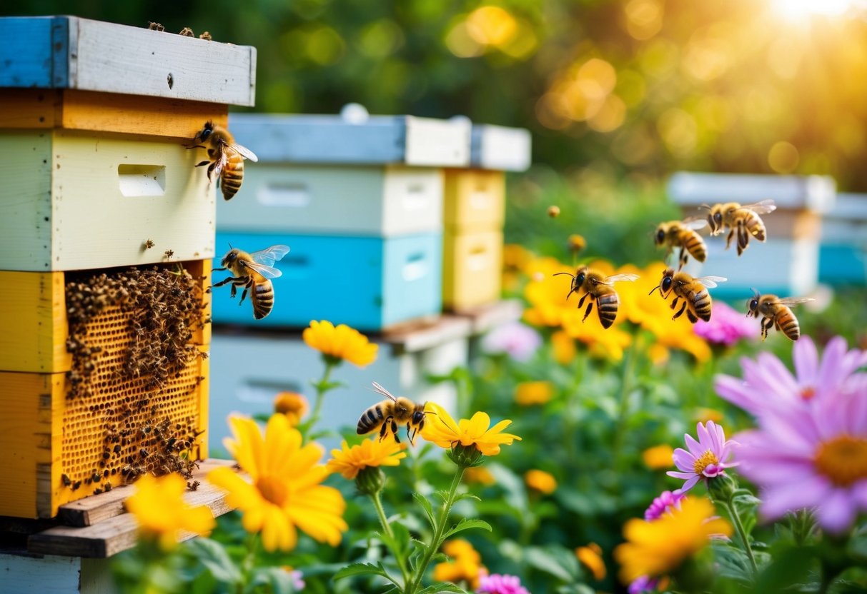 A buzzing honey farm with colorful beehives, blooming flowers, and busy bees collecting nectar
