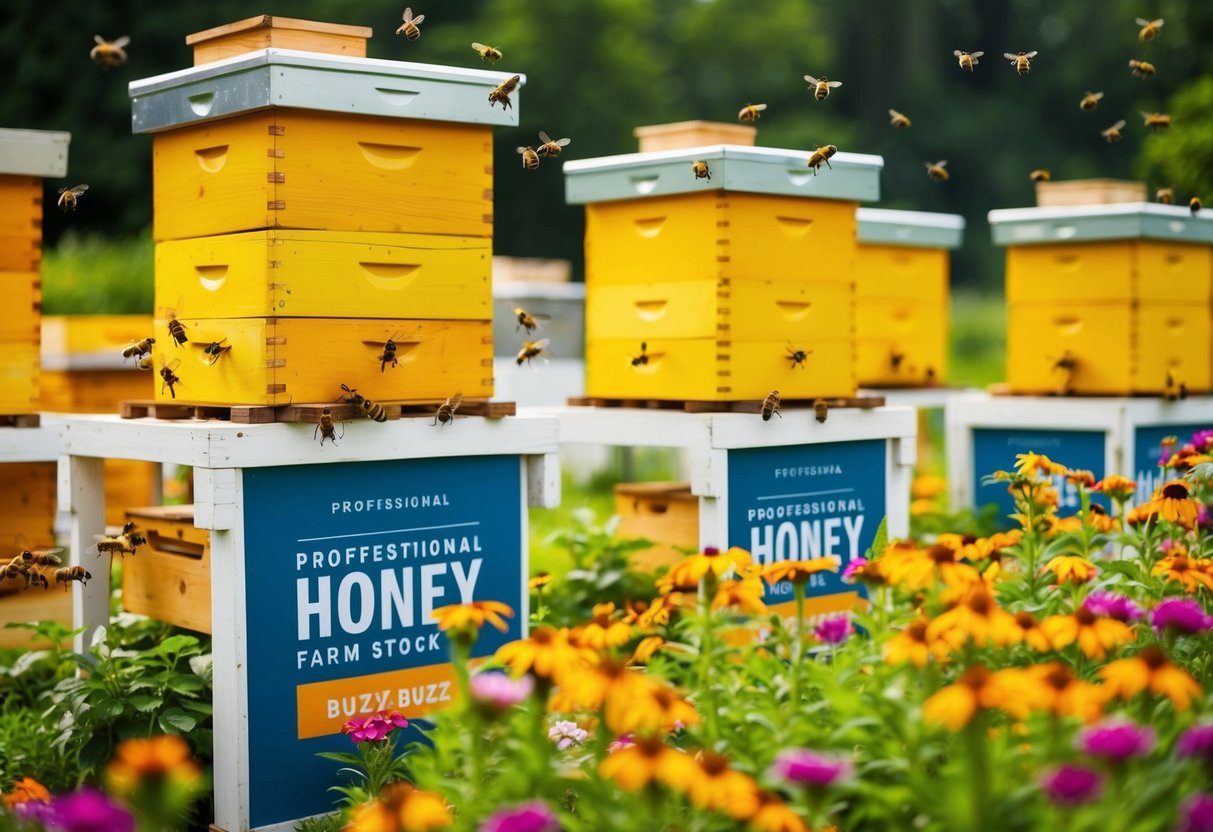 A bustling honey farm with vibrant golden hives and promotional signage. Bees buzz around collecting nectar from colorful flowers