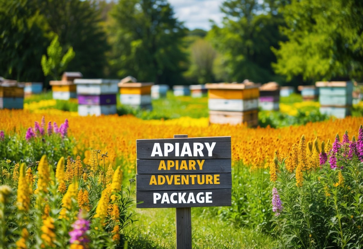 A bustling honey farm with beehives, fields of colorful flowers, and a rustic wooden sign advertising "Apiary Adventure Package" promotions