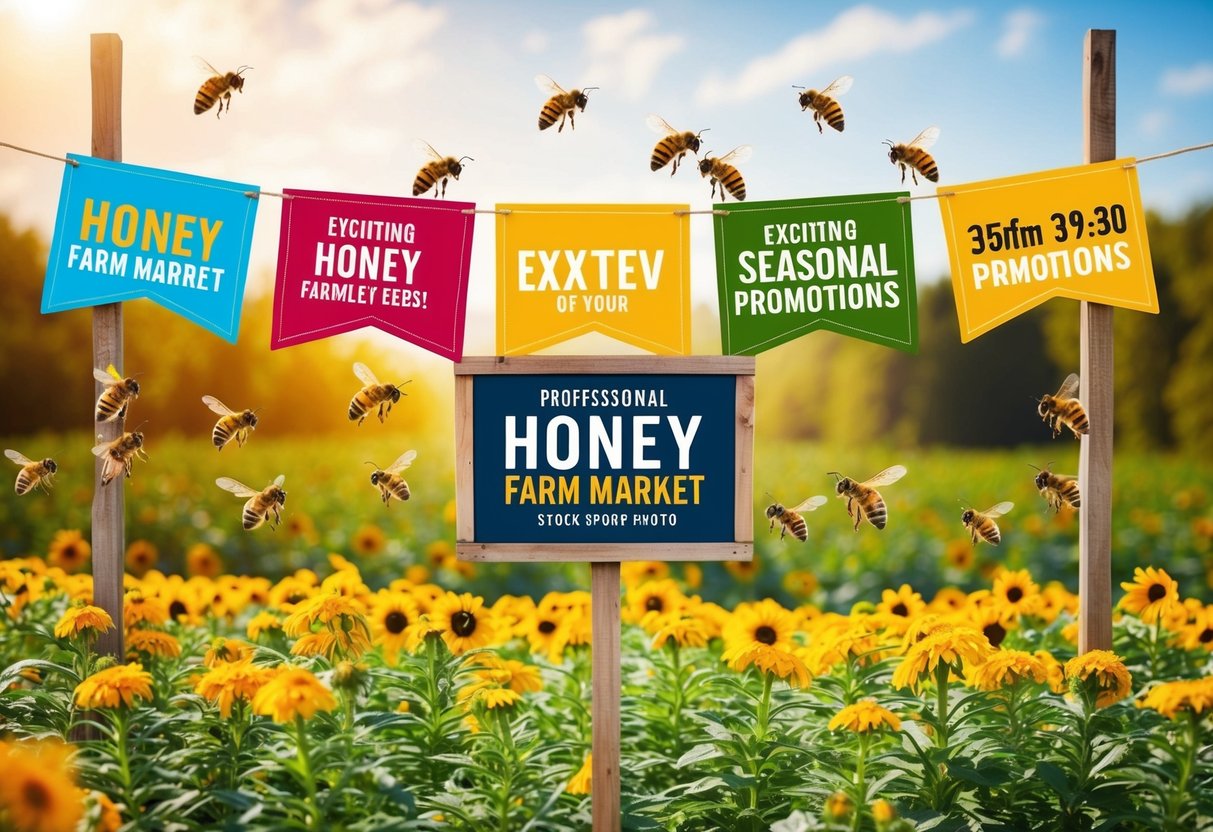 A bustling honey farm market with colorful banners and signs advertising exciting seasonal promotions. Bees buzzing around flower-filled fields