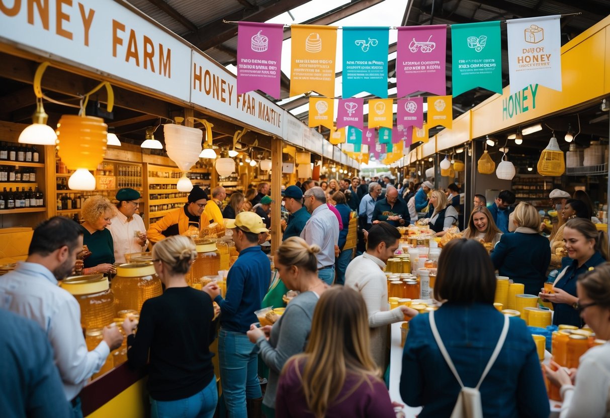 A bustling honey farm market with colorful banners, interactive displays, and a crowd of eager customers sampling and purchasing products